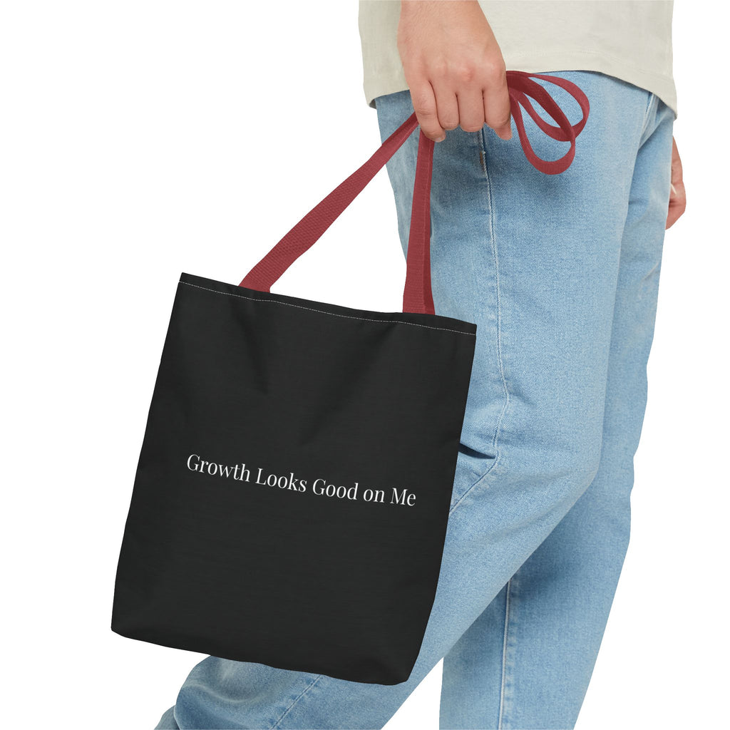 Growth Looks Good on Me Tote Bag – Inspirational Black Canvas Tote for Everyday Use
