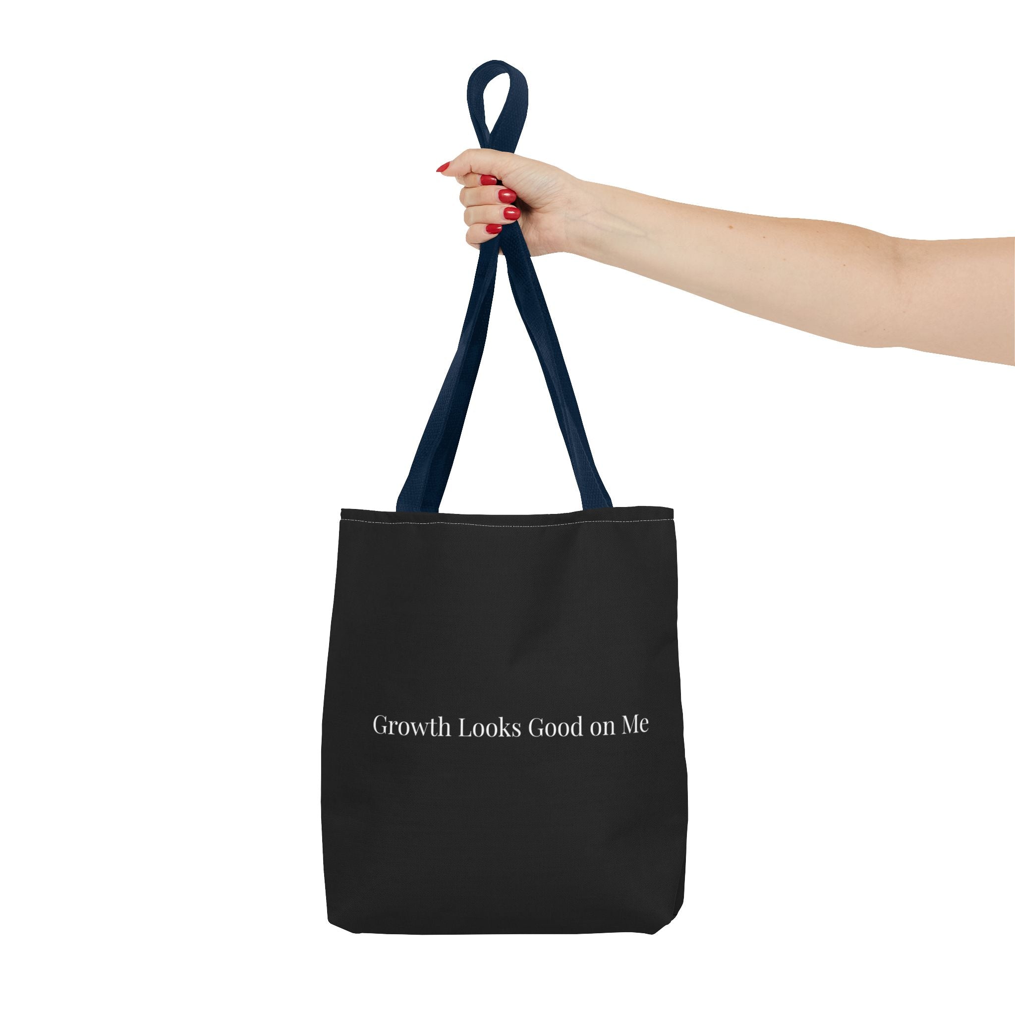 Growth Looks Good on Me Tote Bag – Inspirational Black Canvas Tote for Everyday Use