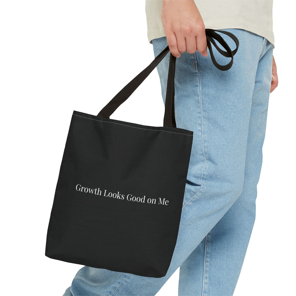 Growth Looks Good on Me Tote Bag – Inspirational Black Canvas Tote for Everyday Use