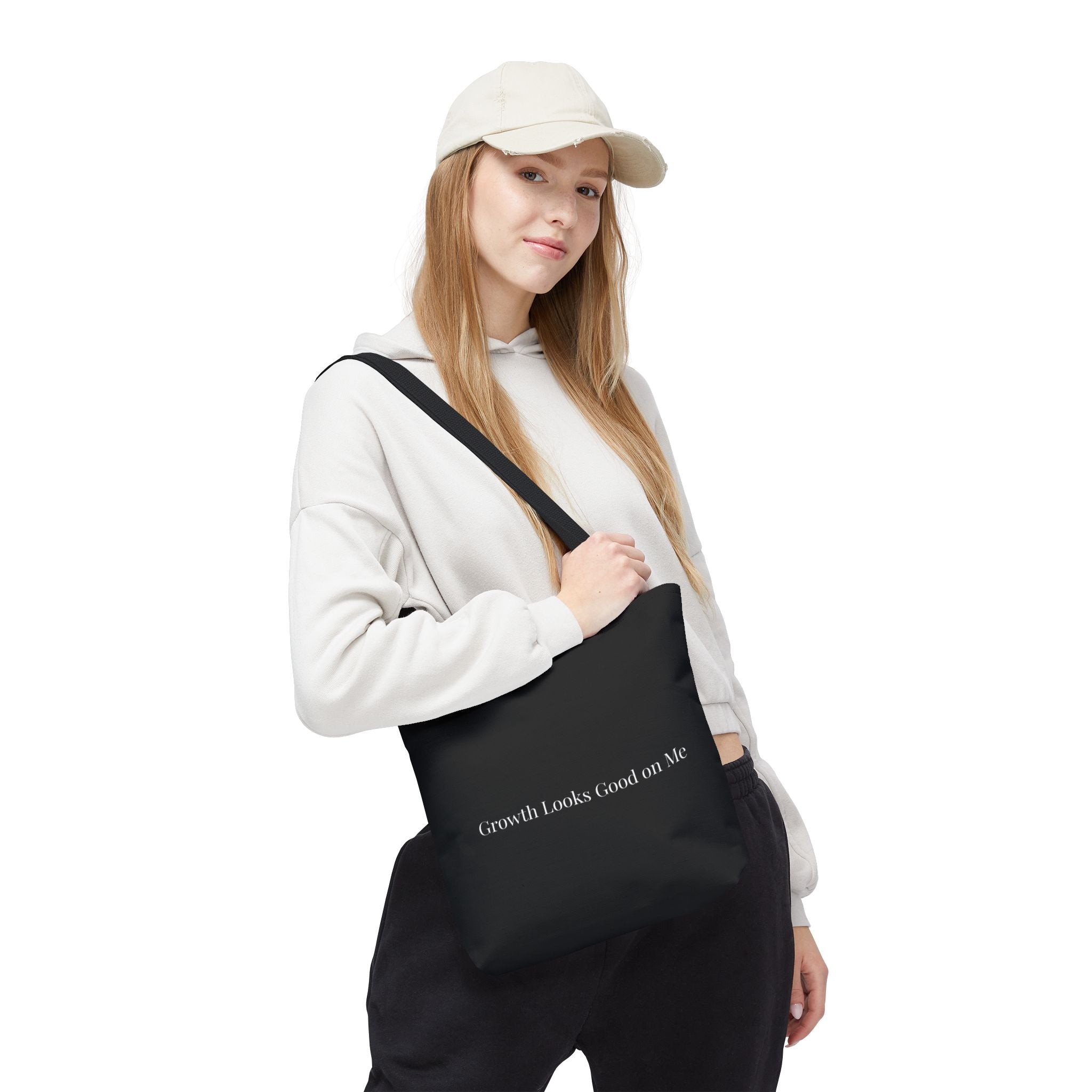 Growth Looks Good on Me Tote Bag – Inspirational Black Canvas Tote for Everyday Use