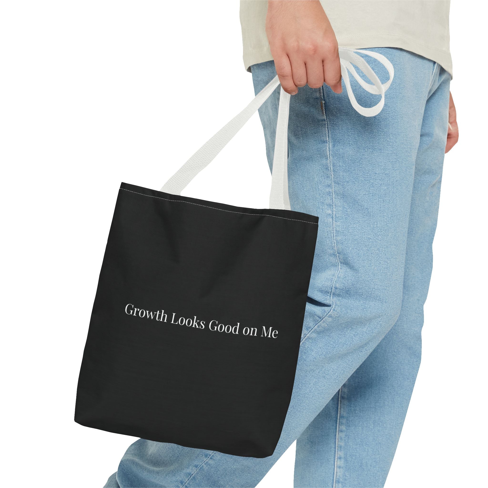 Growth Looks Good on Me Tote Bag – Inspirational Black Canvas Tote for Everyday Use