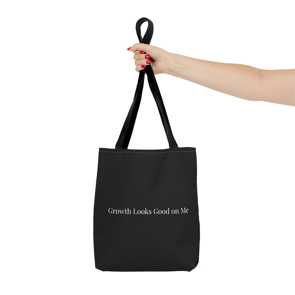 Growth Looks Good on Me Tote Bag – Inspirational Black Canvas Tote for Everyday Use