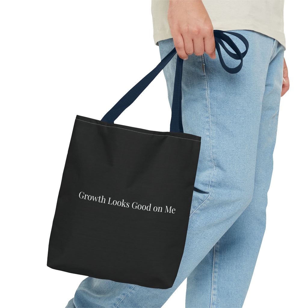Growth Looks Good on Me Tote Bag – Inspirational Black Canvas Tote for Everyday Use