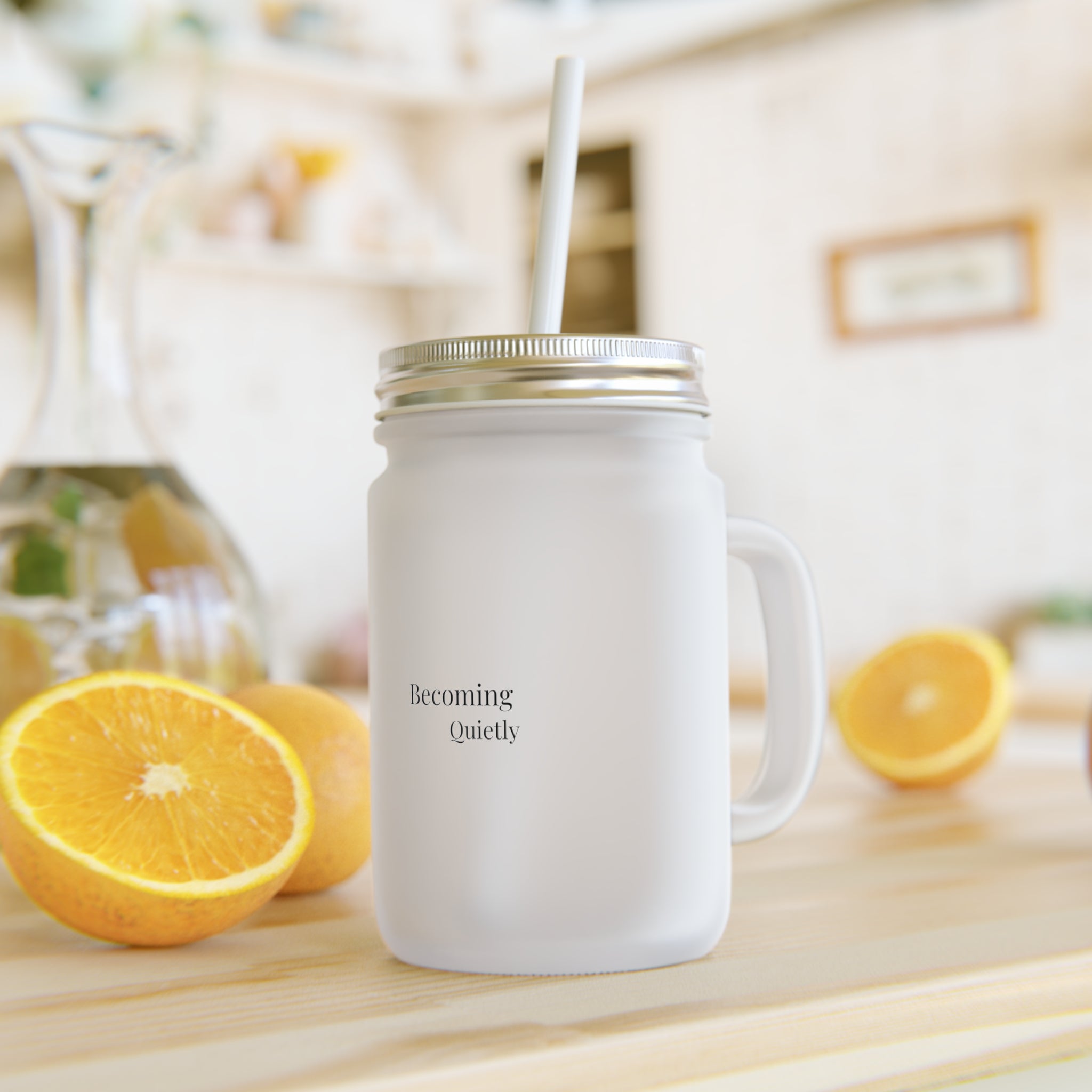 Becoming Quietly Mason Jar Tumbler – Frosted Glass Drinkware with Straw