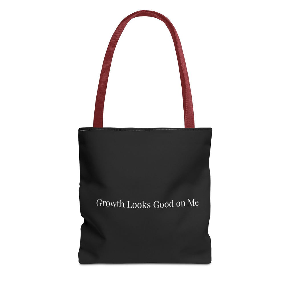 Growth Looks Good on Me Tote Bag – Inspirational Black Canvas Tote for Everyday Use