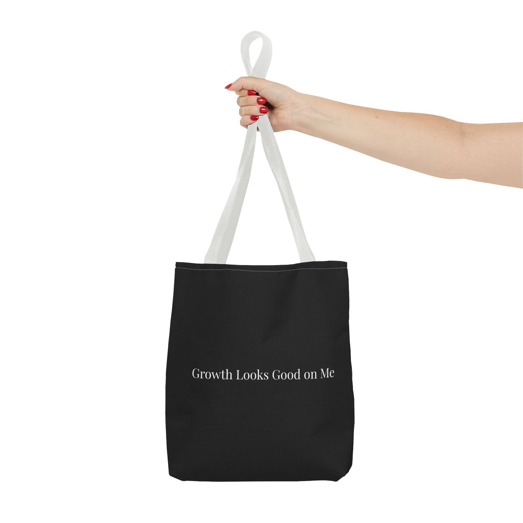Growth Looks Good on Me Tote Bag – Inspirational Black Canvas Tote for Everyday Use