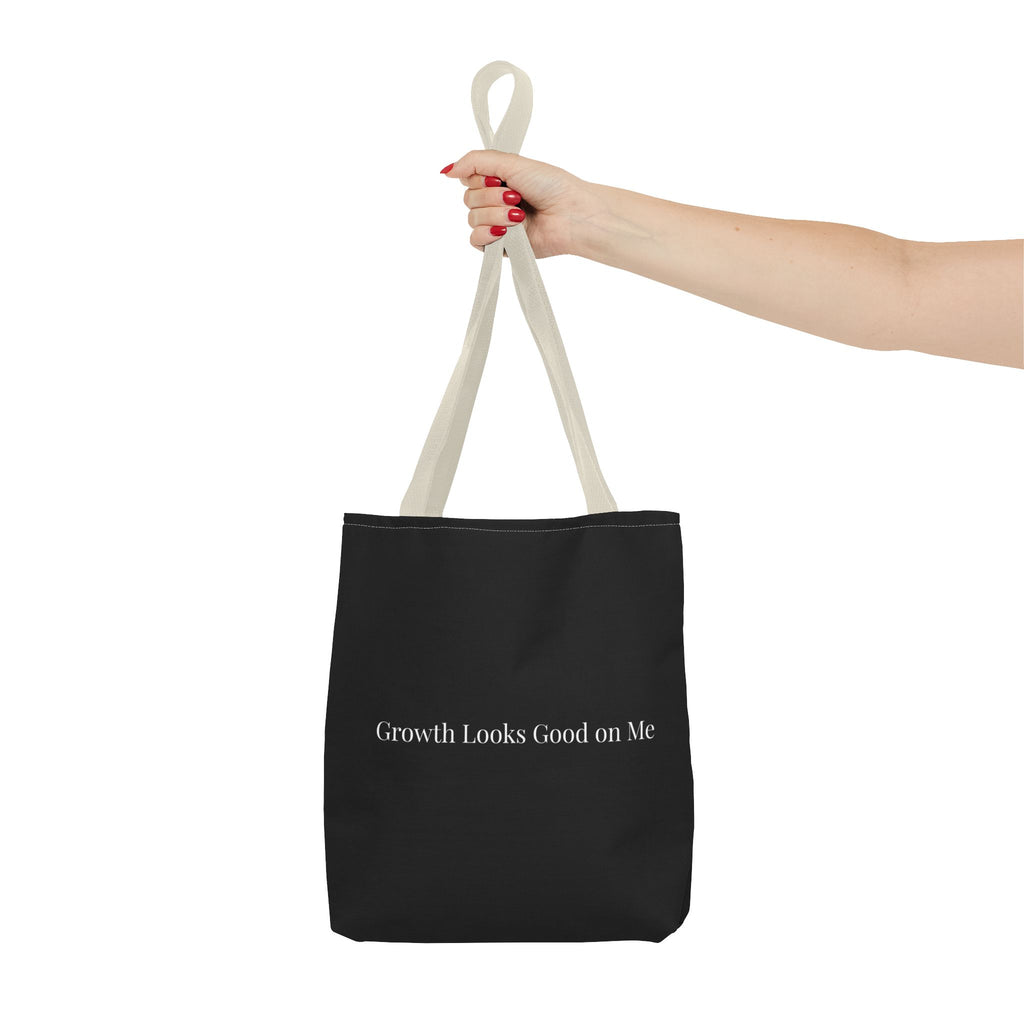 Growth Looks Good on Me Tote Bag – Inspirational Black Canvas Tote for Everyday Use