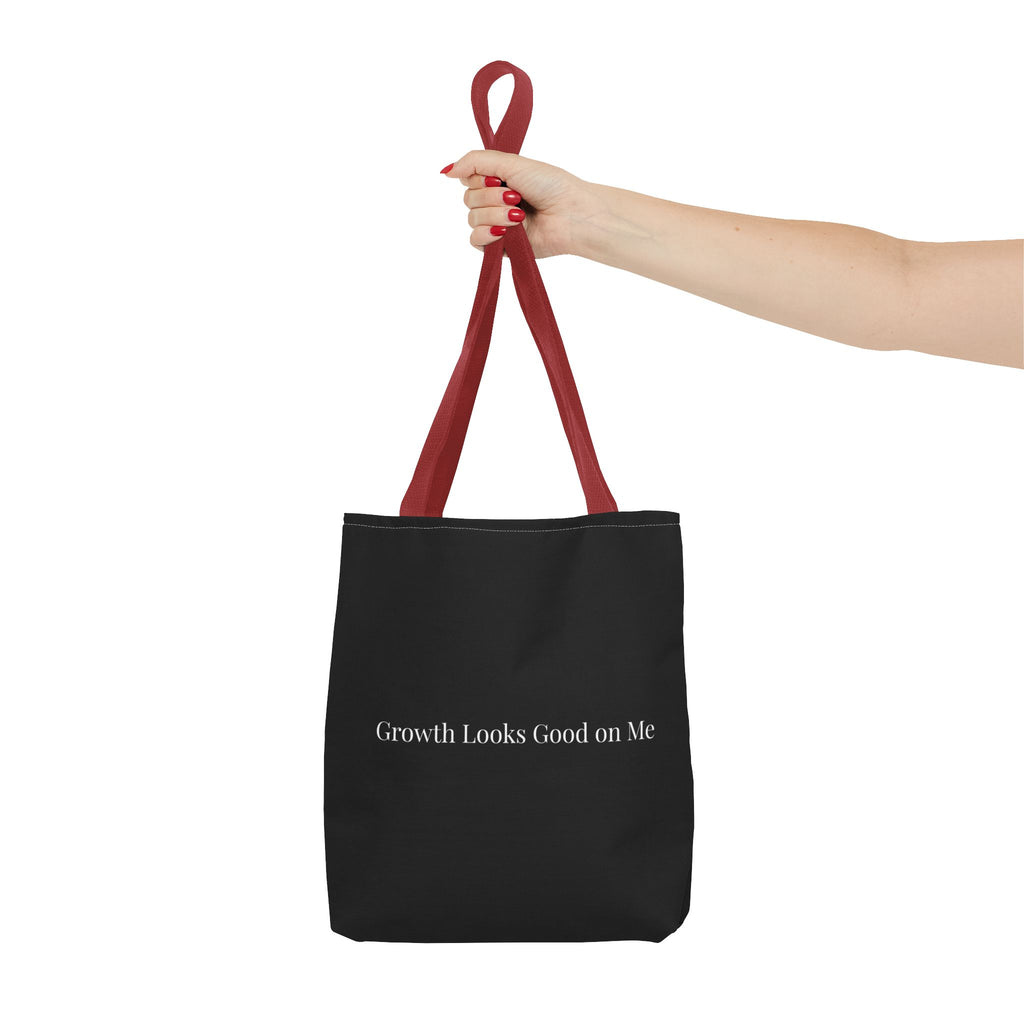 Growth Looks Good on Me Tote Bag – Inspirational Black Canvas Tote for Everyday Use