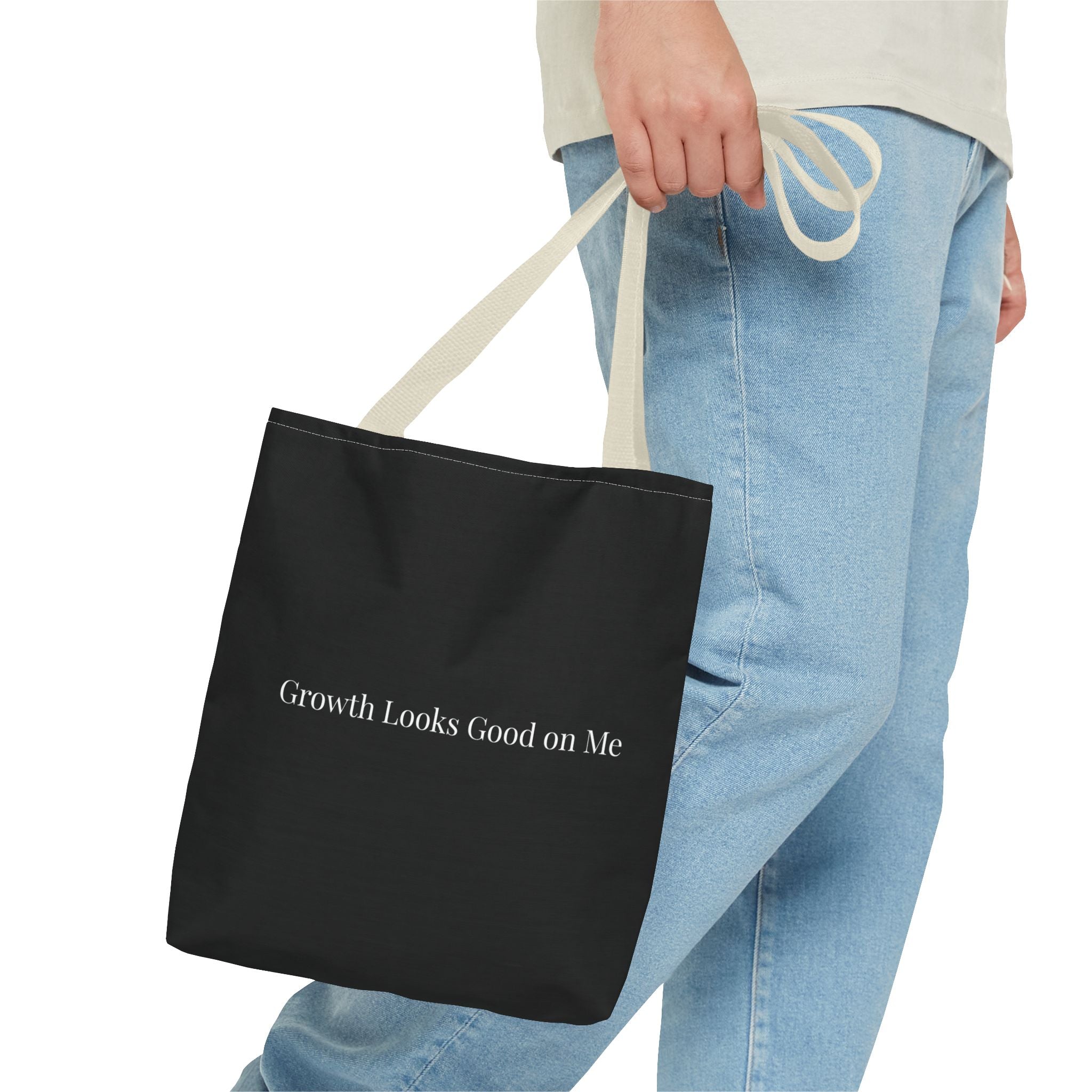 Growth Looks Good on Me Tote Bag – Inspirational Black Canvas Tote for Everyday Use