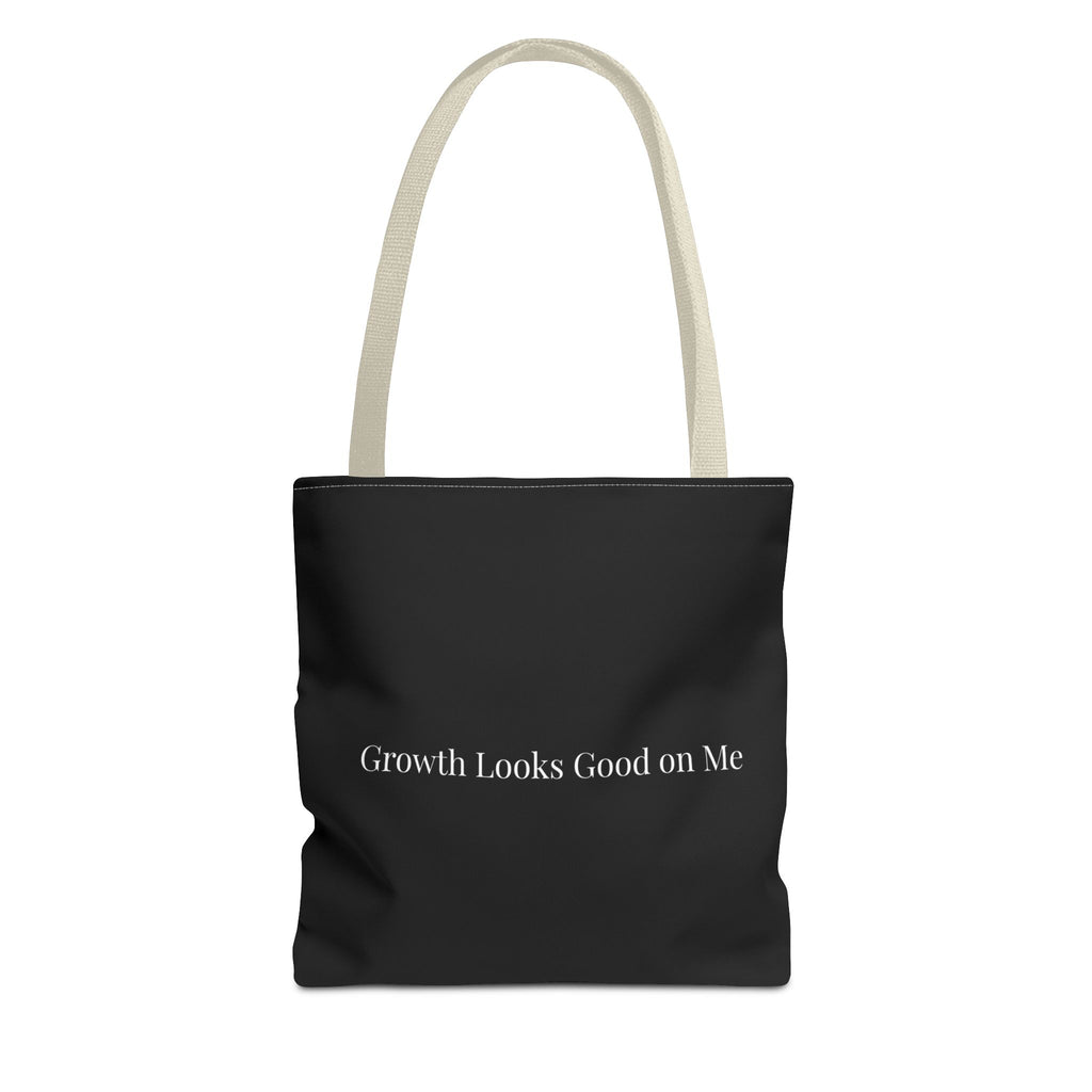Growth Looks Good on Me Tote Bag – Inspirational Black Canvas Tote for Everyday Use