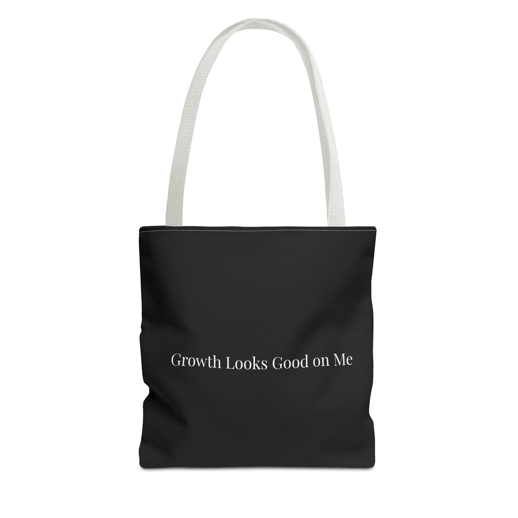 Growth Looks Good on Me Tote Bag – Inspirational Black Canvas Tote for Everyday Use