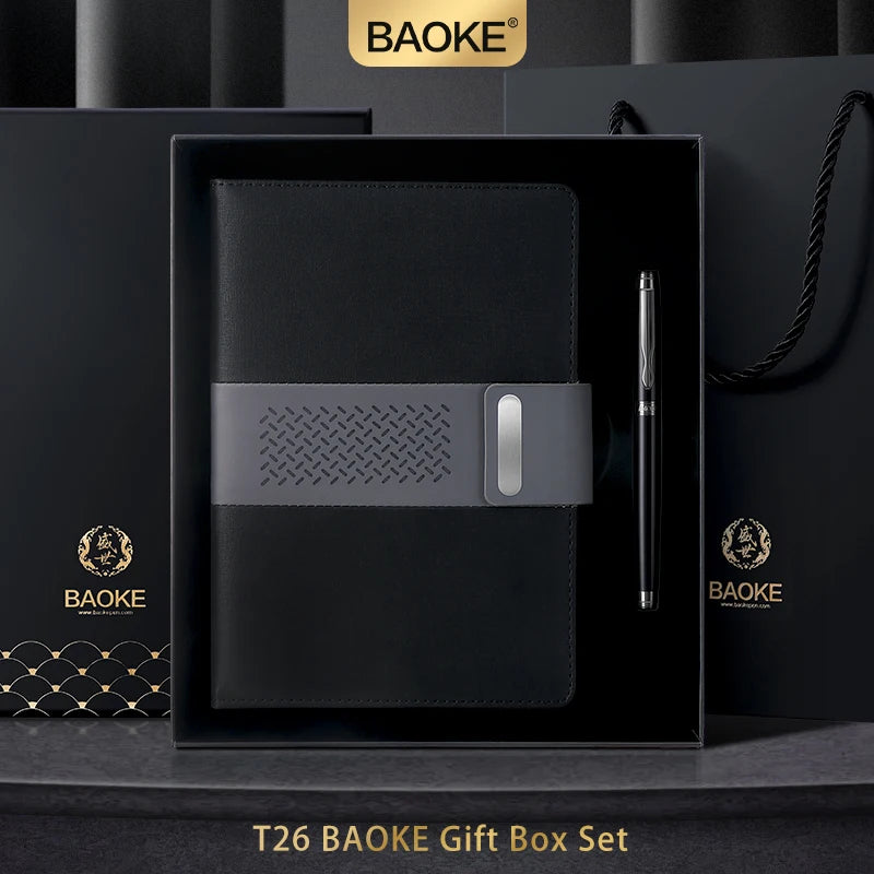 BAOKE T26 Business Exquisite Gift Set Black, Grey PU Leather Notebook 0.7mm Metal Black Pen 96 Sheets Notebook
