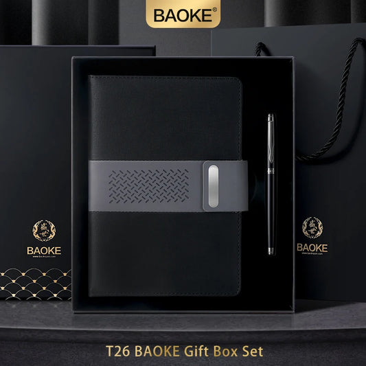 BAOKE T26 Business Exquisite Gift Set Black, Grey PU Leather Notebook 0.7mm Metal Black Pen 96 Sheets Notebook