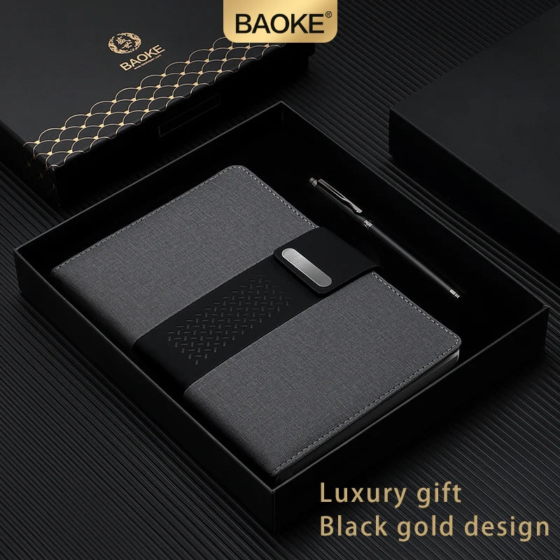 BAOKE T26 Business Exquisite Gift Set Black, Grey PU Leather Notebook 0.7mm Metal Black Pen 96 Sheets Notebook