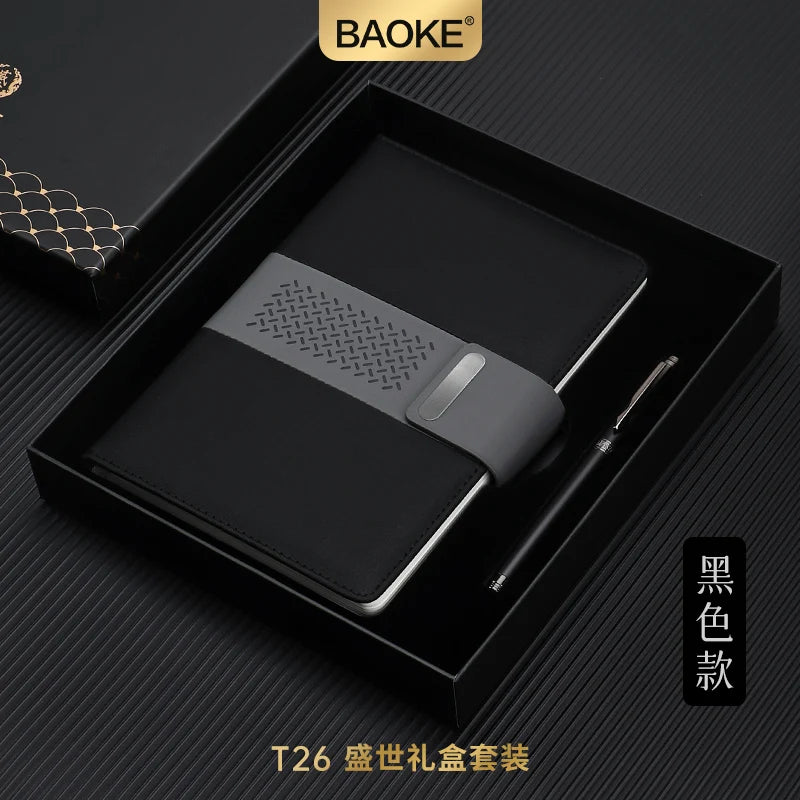 BAOKE T26 Business Exquisite Gift Set Black, Grey PU Leather Notebook 0.7mm Metal Black Pen 96 Sheets Notebook
