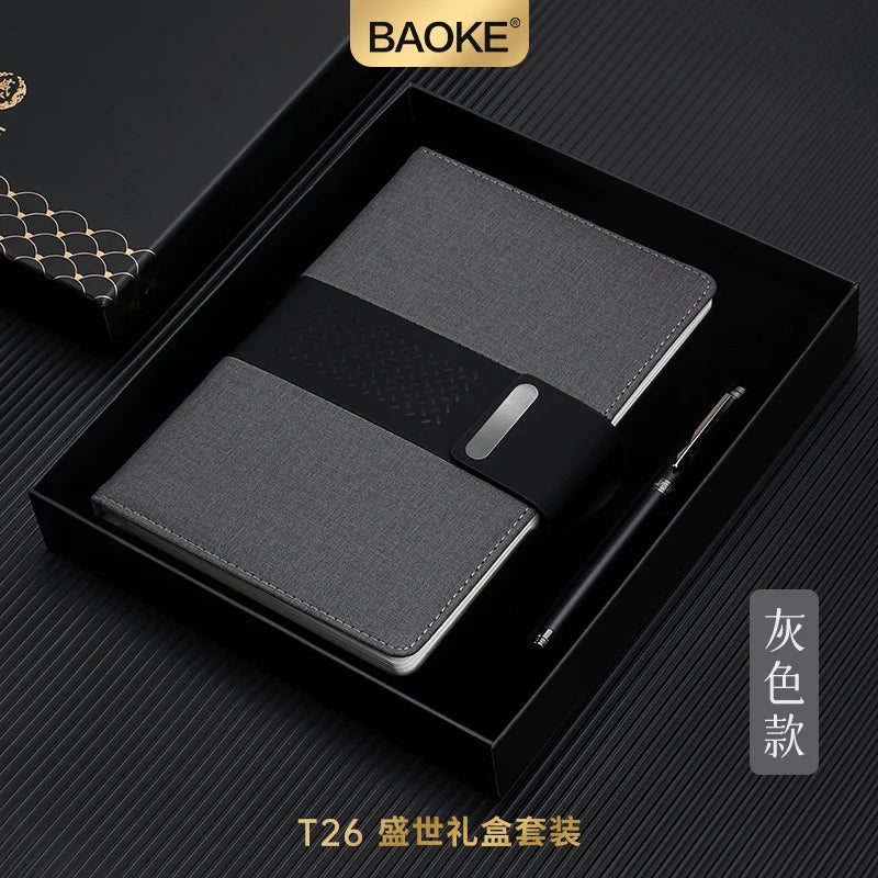 BAOKE T26 Business Exquisite Gift Set Black, Grey PU Leather Notebook 0.7mm Metal Black Pen 96 Sheets Notebook